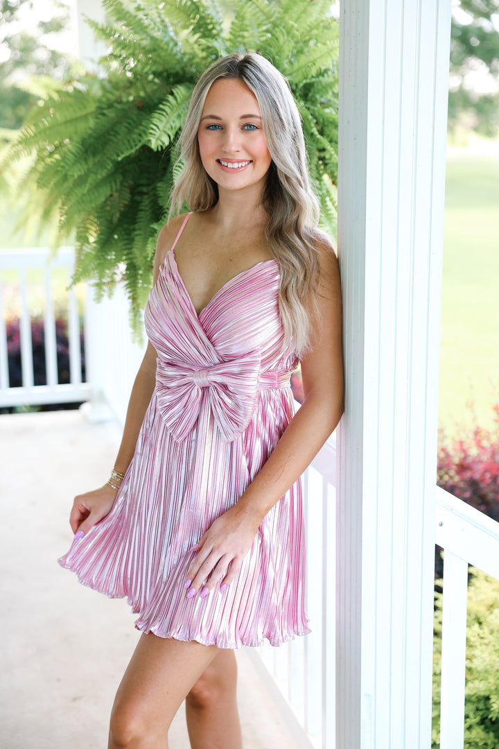 Perfect Pink Bow Pleated Mini Dress