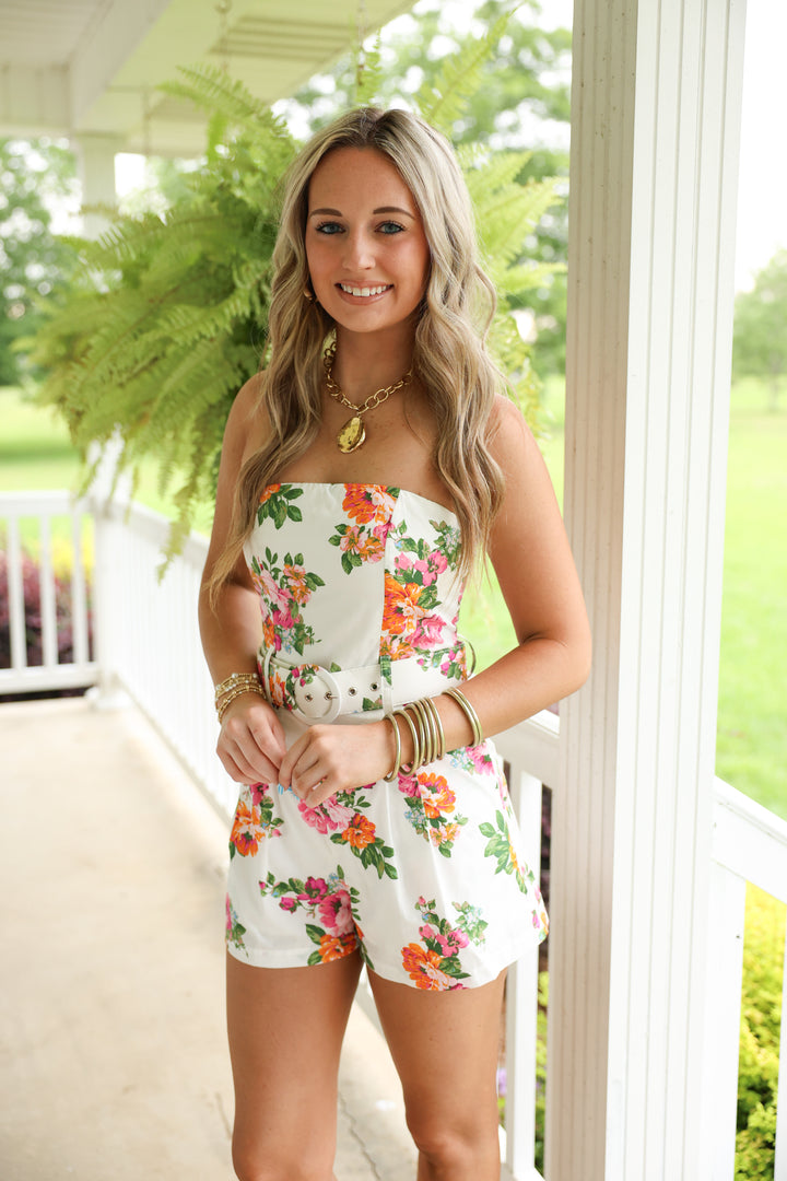 Heidi Strapless Floral Romper ""White Pink Floral"