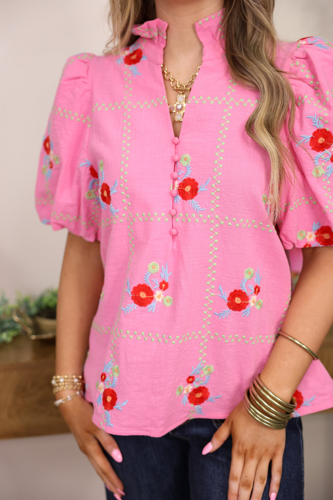 Floral Embroidered Top "Pink"