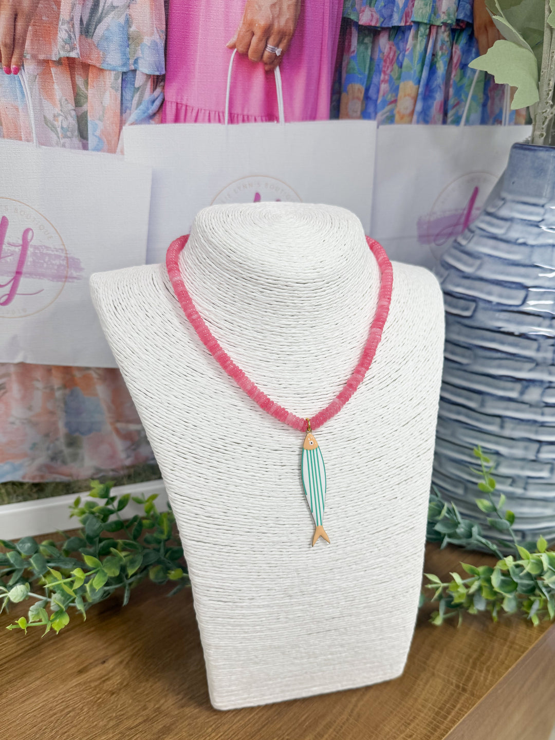 Hart Designs Jewelry - Pink Beaded Necklace "Green/White Stripe Fish Charm"