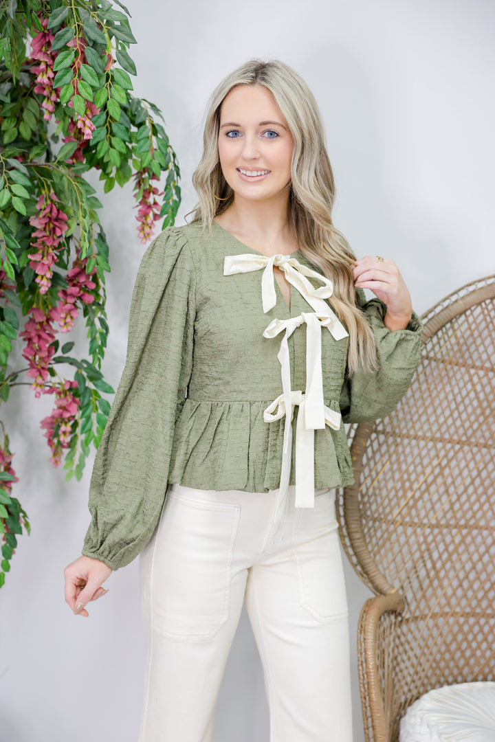 Bubble Bow Blouse "Dusty Olive"