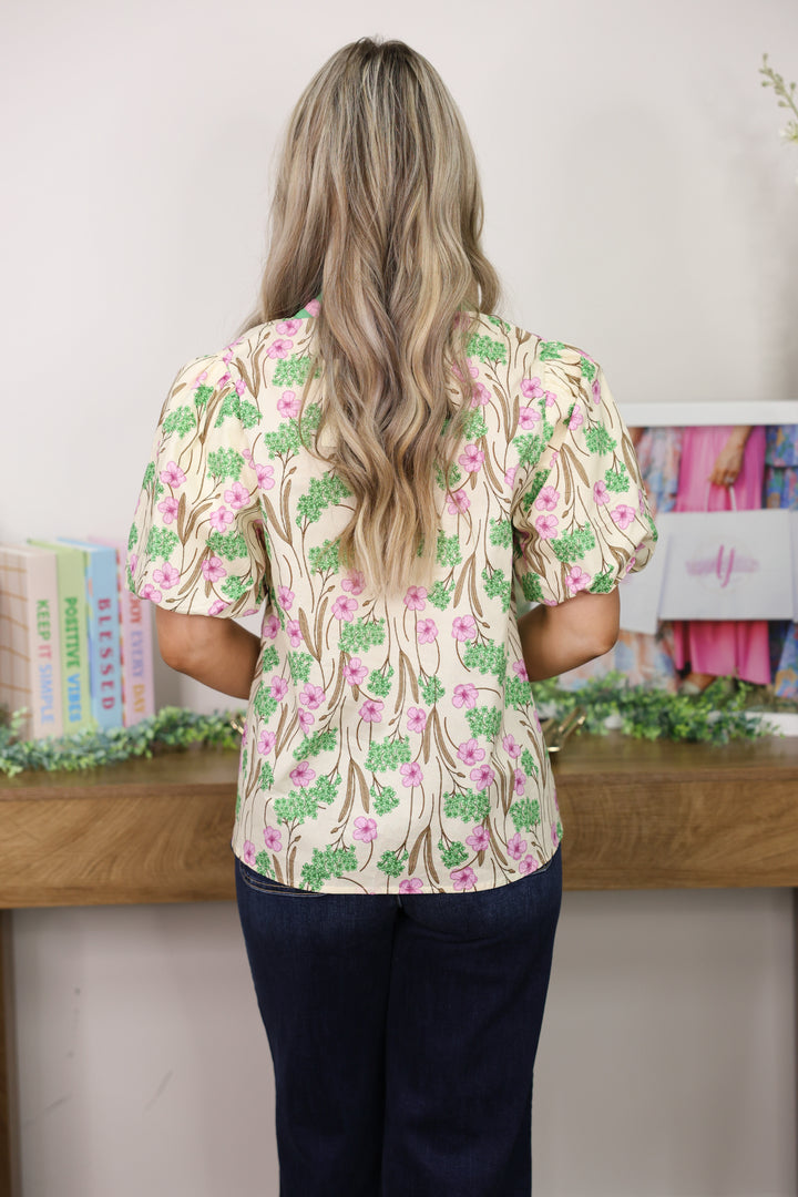Floral Dreams Puff Sleeve Top "Ecru Pink"