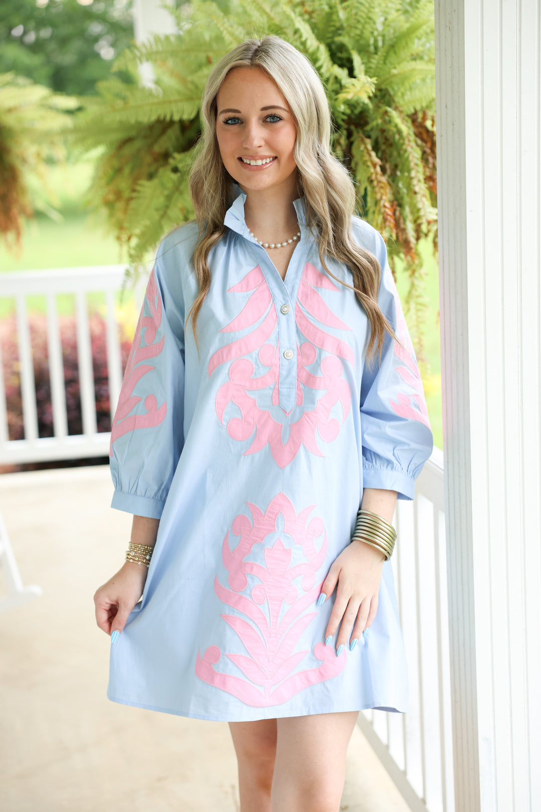 3/4 Sleeve Baroque Applique Detail Shift Dress "Powder Blue"
