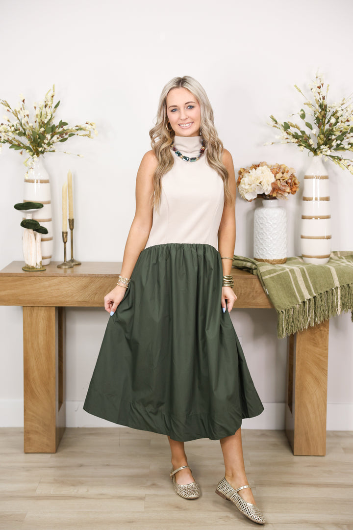Solid Sleeveless Mock Neck Midi Dress "Oat"