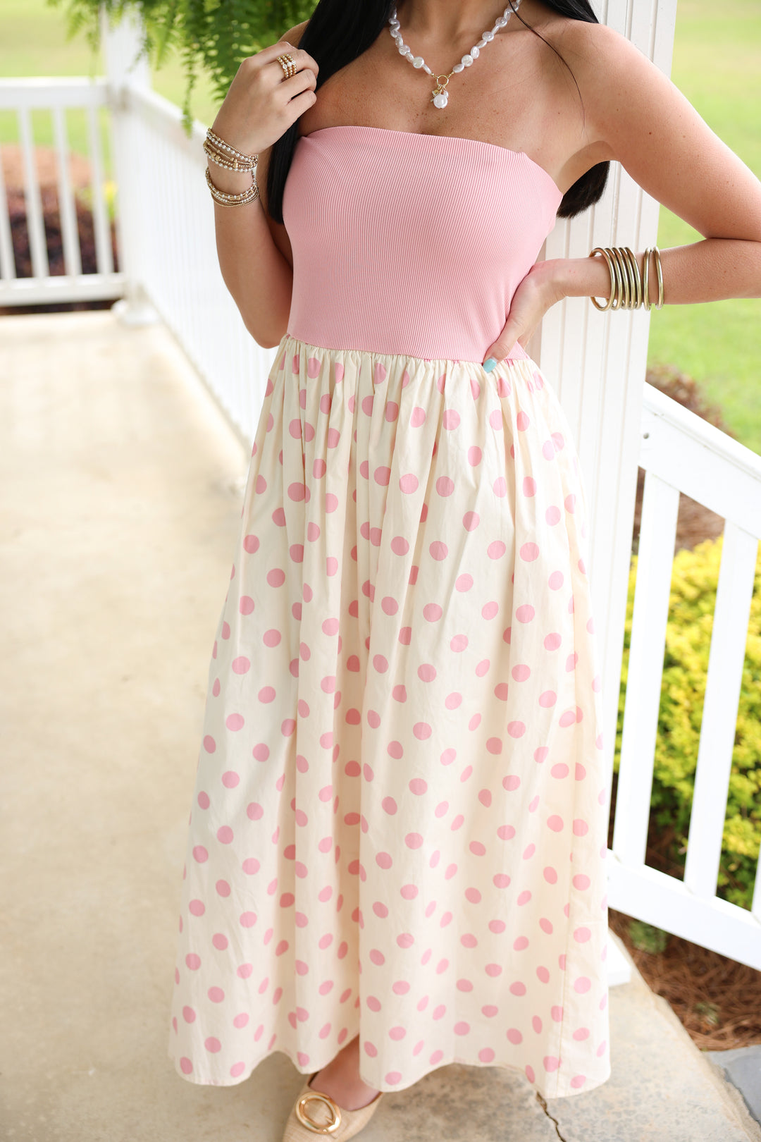 Strapless Knit & Woven Polka Dot Print Tube Midi Dress "Pink"