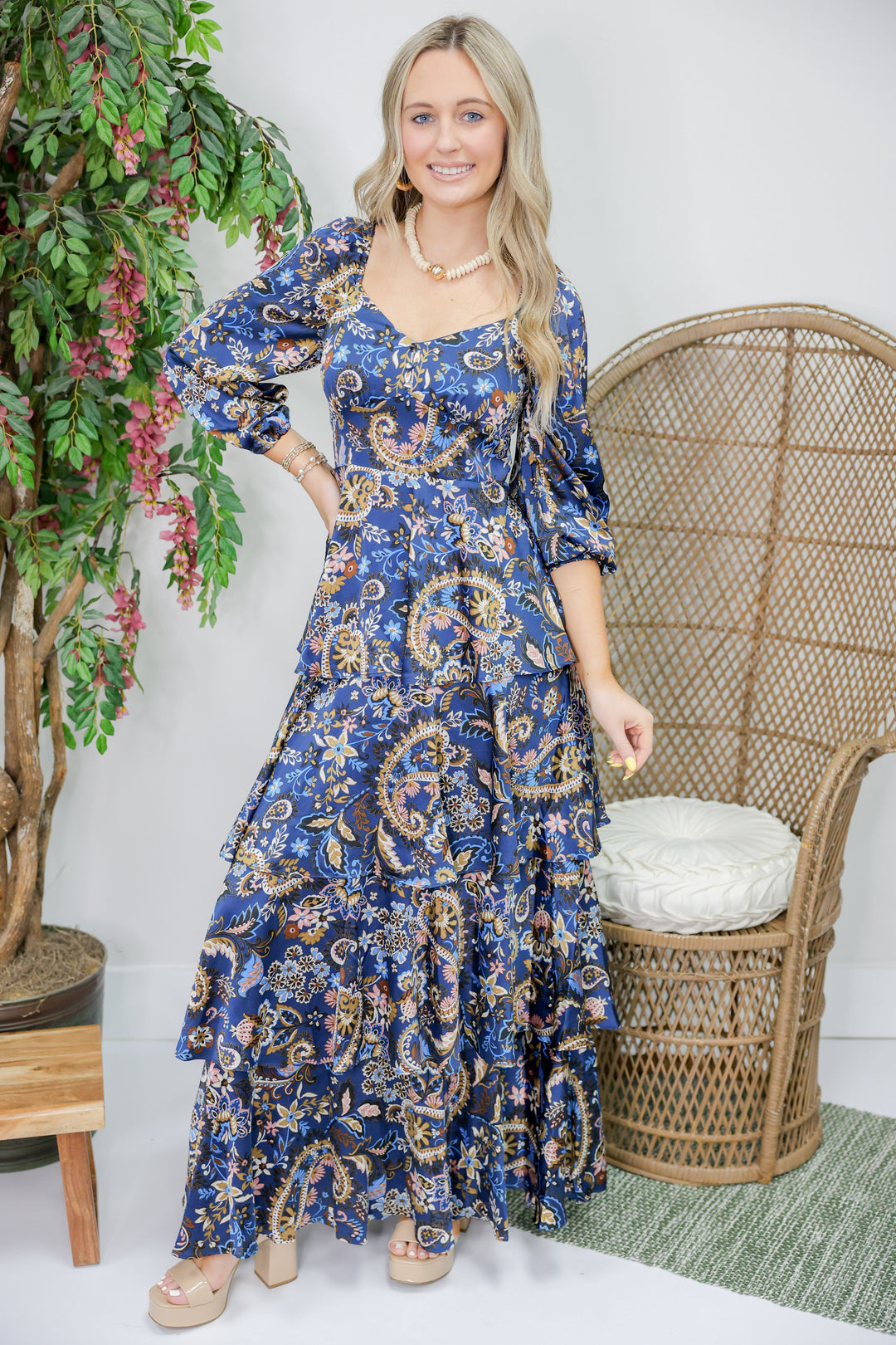 Scarlett Satin Tiered Dress "Navy"