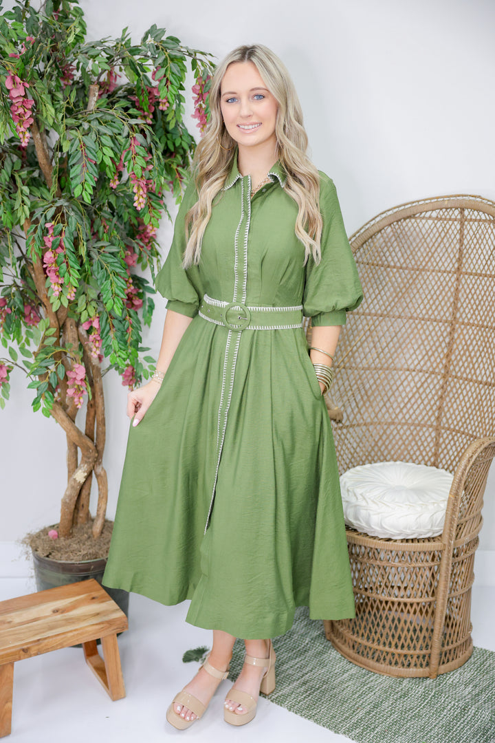 Anne Solid Short Puff Sleeve Midi Dress "Olive"