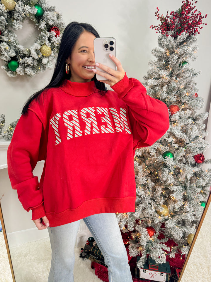 'MERRY' Embroidered Mock Neck Sweatshirt "Red"