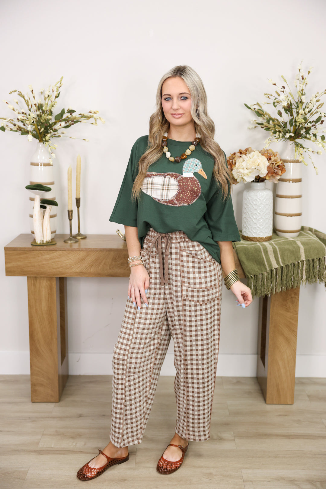Mallard Duck Patchwork Dolman Sleeve Knit Top "Hunter Green"