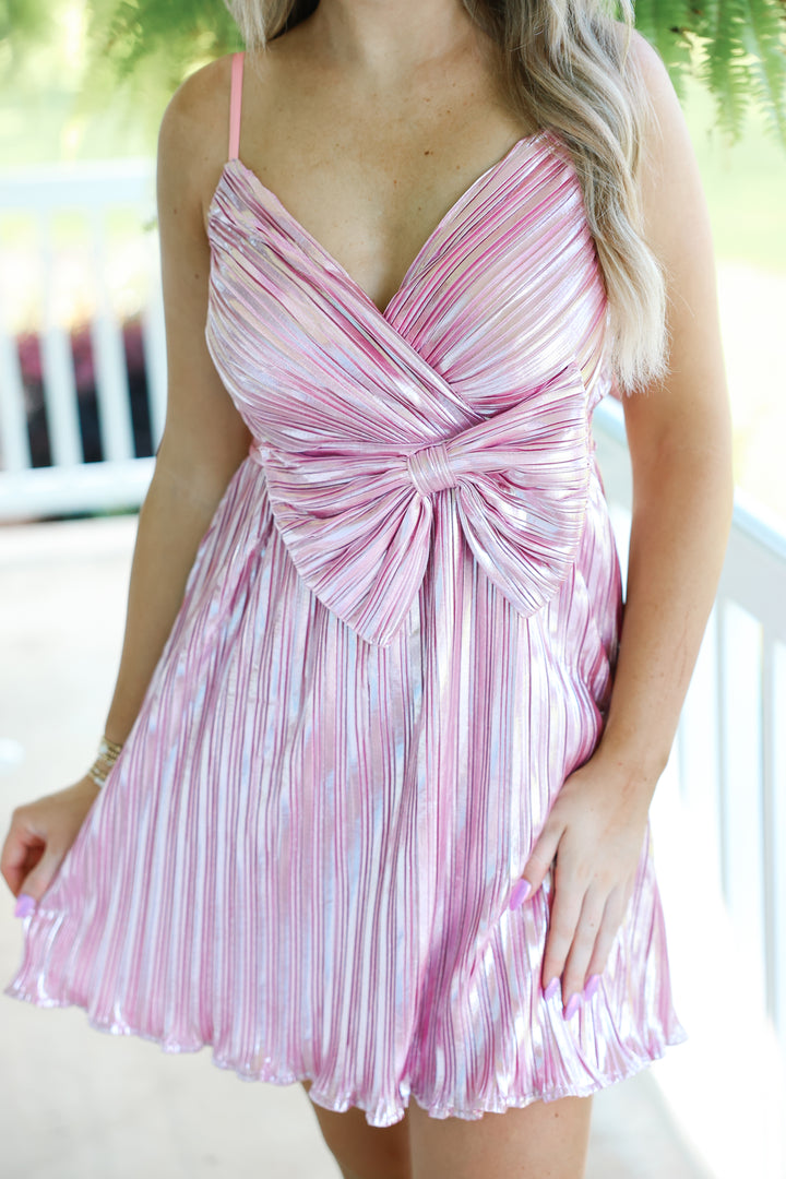 Perfect Pink Bow Pleated Mini Dress