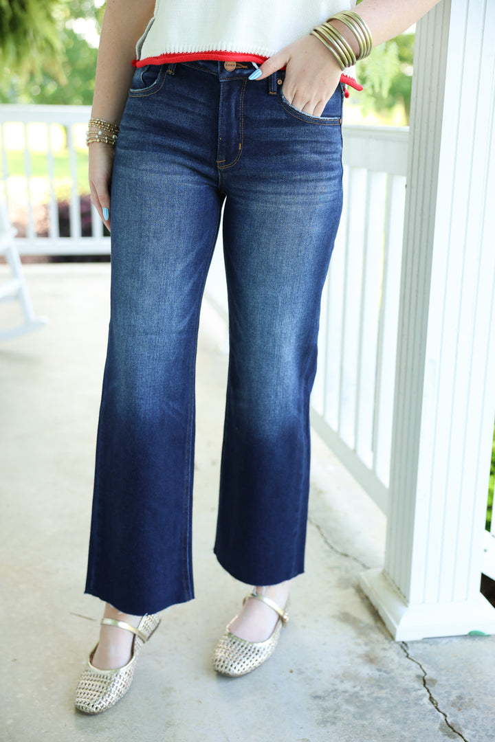 Risen - Mid Rise Crop Straight Clean Cut Hem Jeans "Deep Blue"