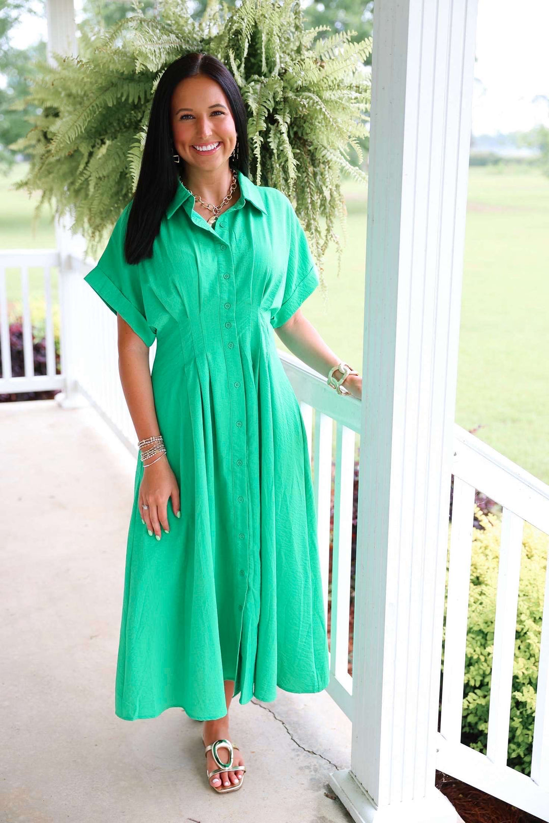 Solid Cuff Short Sleeve Pleated Midi Dress "Green"