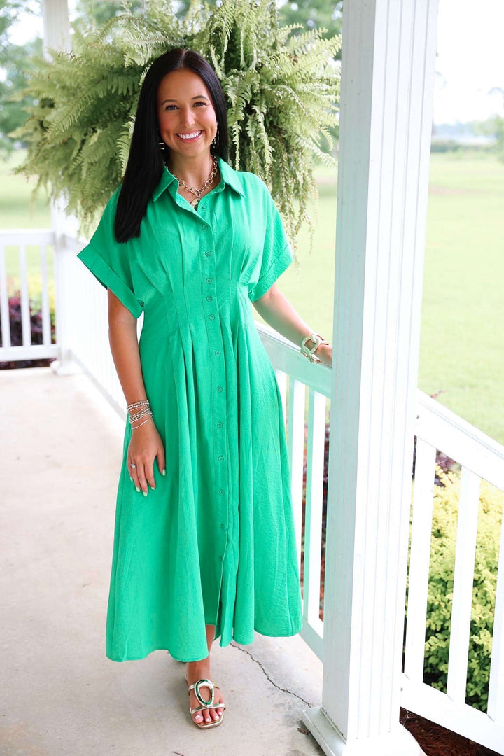 Solid Cuff Short Sleeve Pleated Midi Dress "Green"