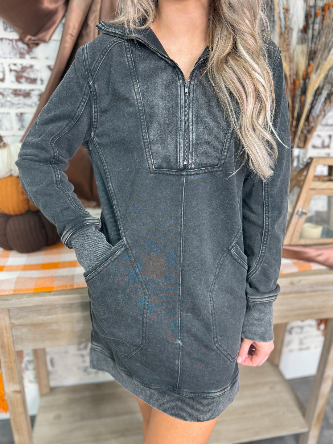 Washed Zip Up Dress "Black"