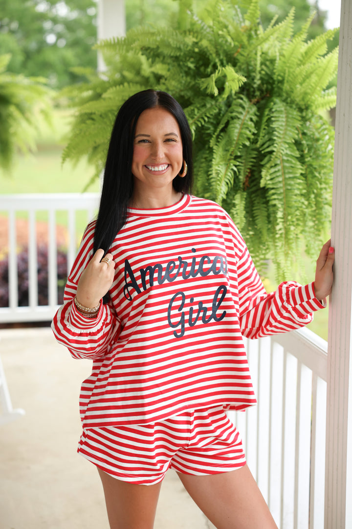 'American Girl' Long Sleeve Top & Shorts Set "Red/White"