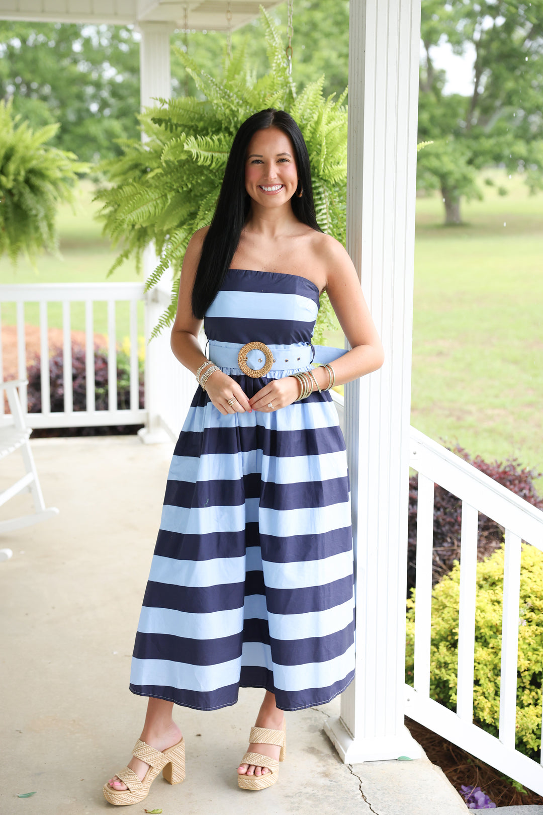 Sunshine Stripes Strapless Midi Dress "Navy"