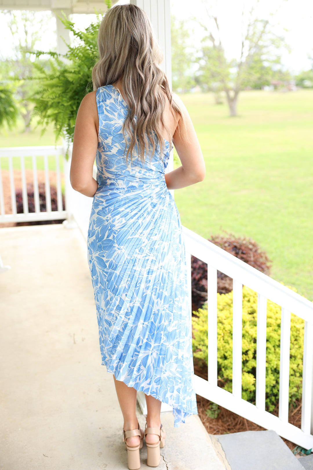 Blue Skies & Blooms Pleated Midi Dress