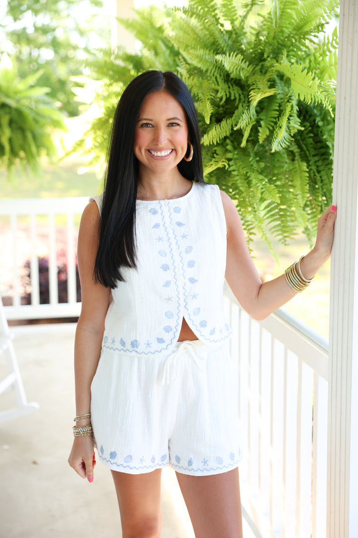 Coastal Vibe Embroidered Vest & Short Set "Off White"