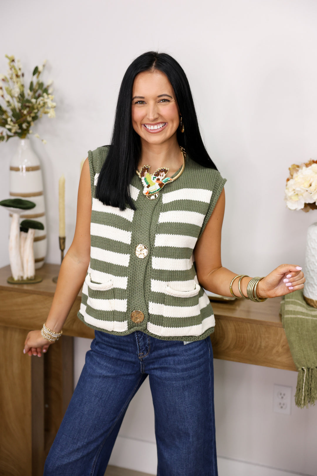 Sleeveless Striped Button Down Knit Vest "Olive"