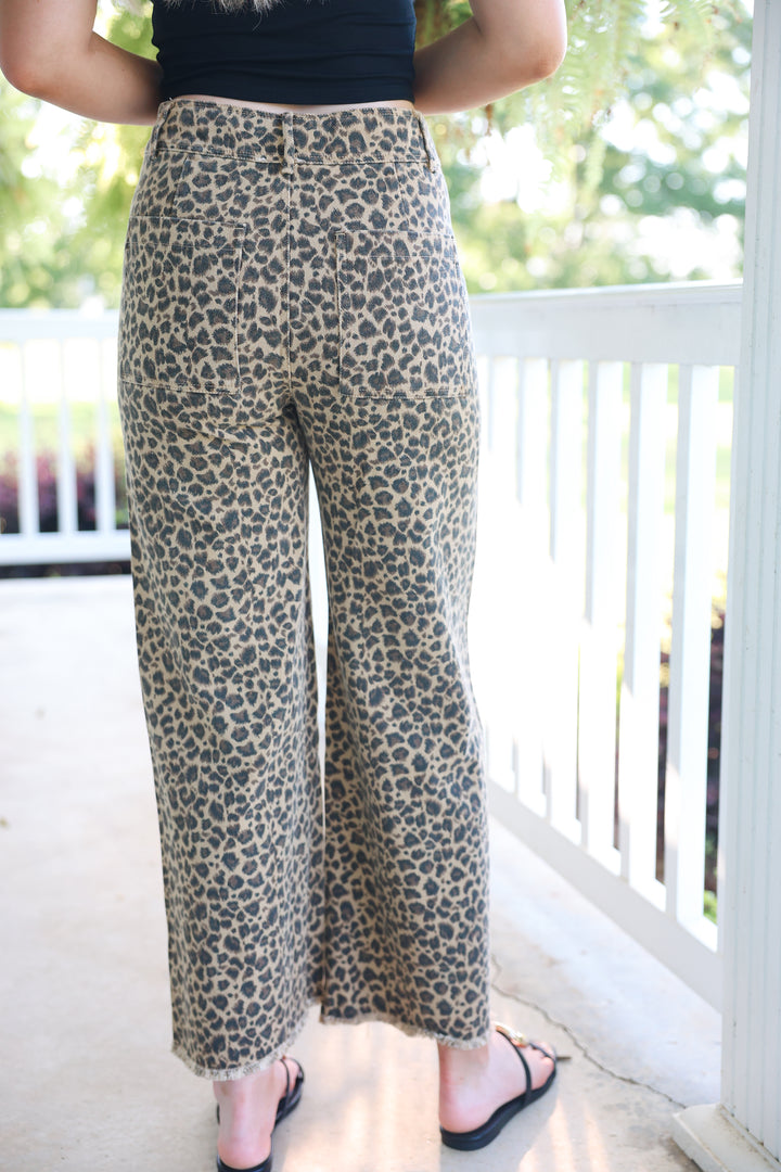 Leopard Twill Denim Frayed Hem Wide Leg Pants
