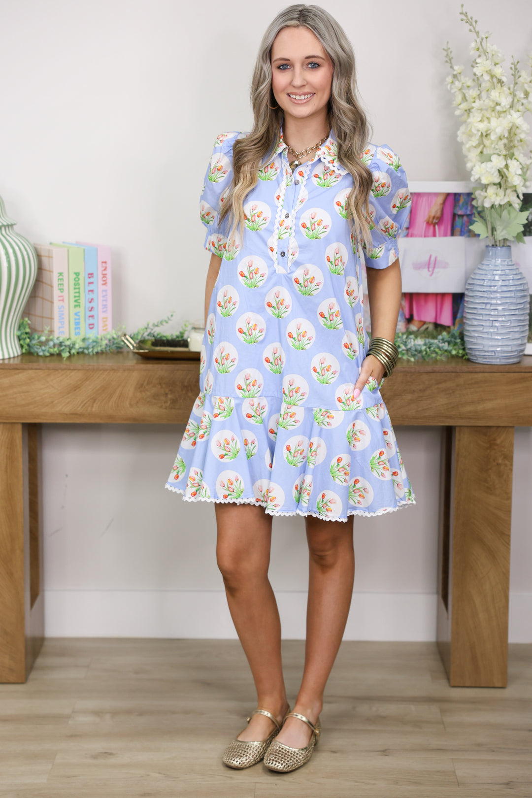 Tulip Print Short Puff Sleeve Mini Dress "LT Blue"