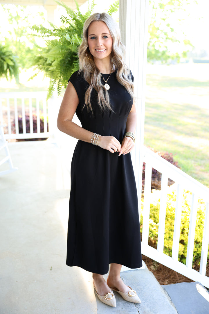 Solid Cap Sleeve W/ Pintuck Waist Midi Dress "Black"