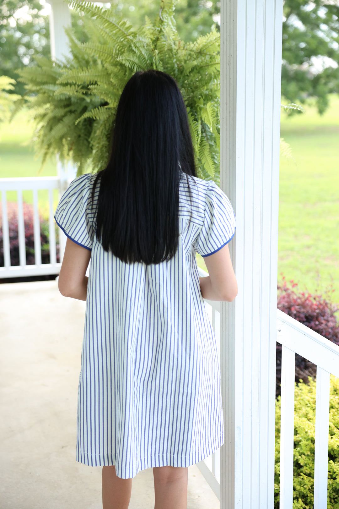 Stripe Ruffle Neck Dress W/ Abstract Applique "Blue"