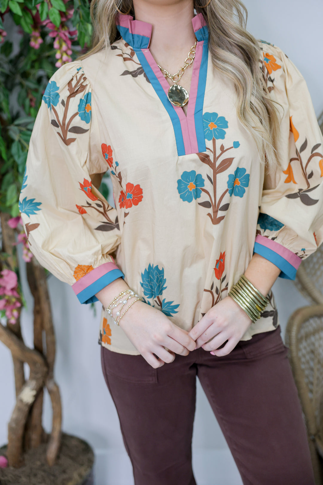 Amber Fields Floral Print Top "Ecru"