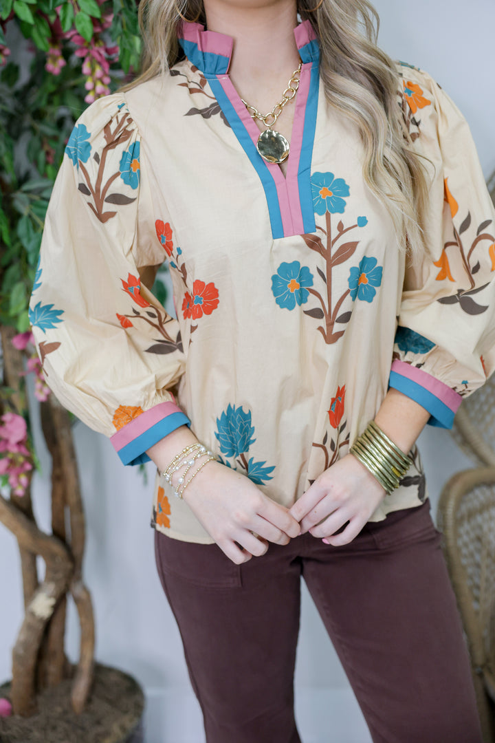 Amber Fields Floral Print Top "Ecru"