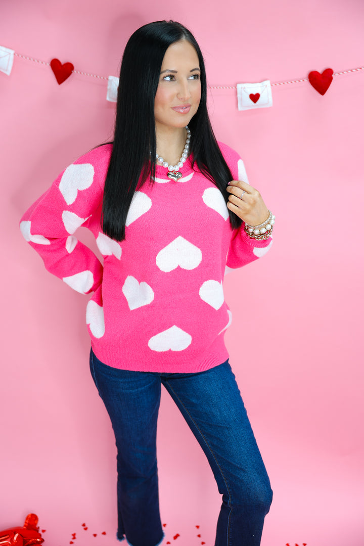 Heart Print Sweater "Pink/White"