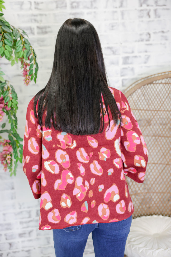 Animal Pattern Mock Neck Bell Sleeve Sweater "Wine Multi"