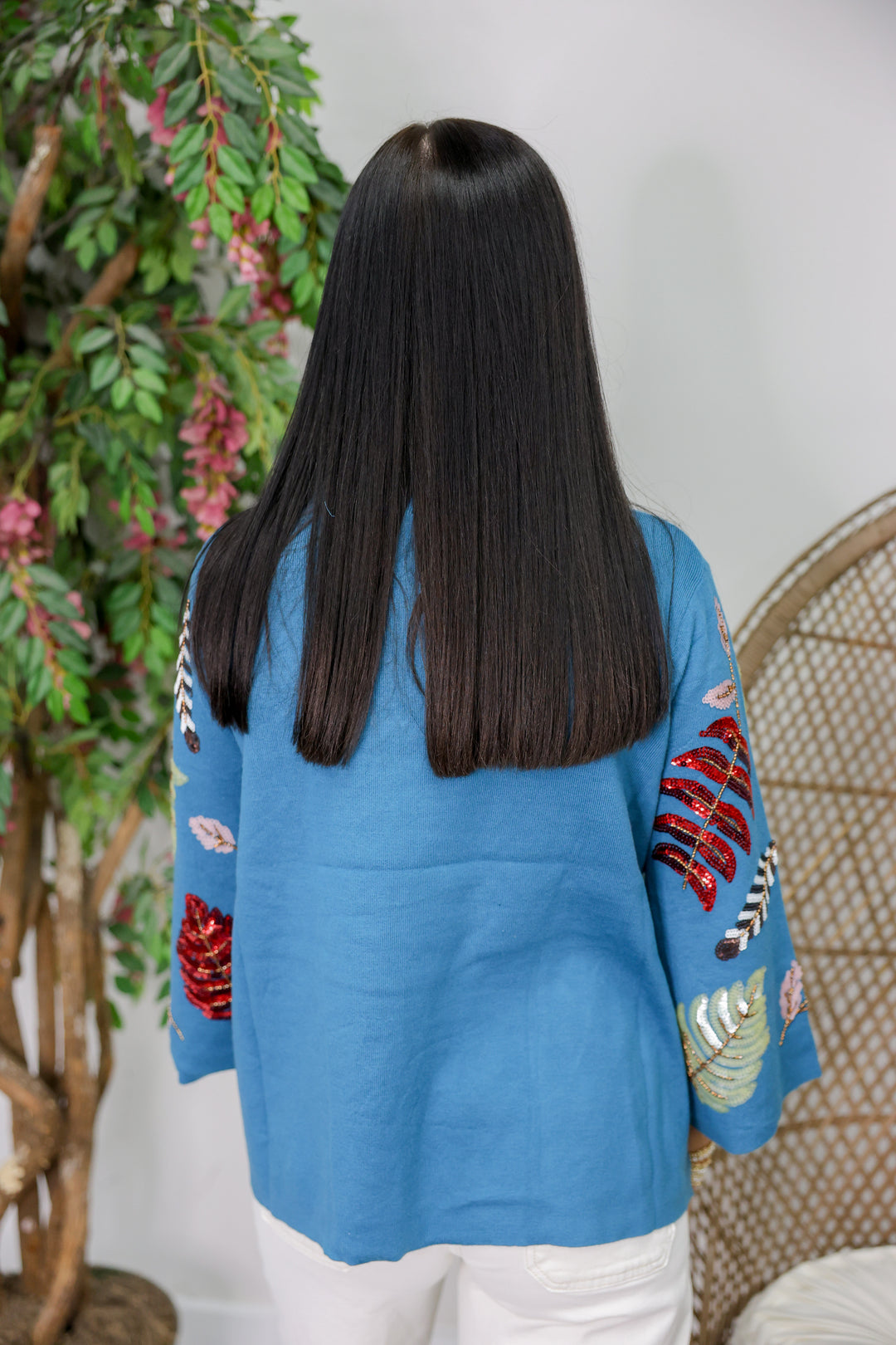 Sequin Embellished Mock Neck Sweater "Teal"
