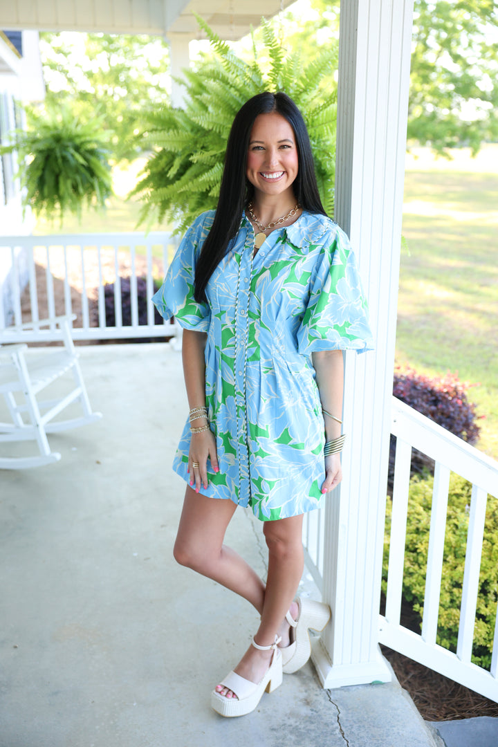 Ember Floral Puff Sleeve Mini Dress "Green/Blue"