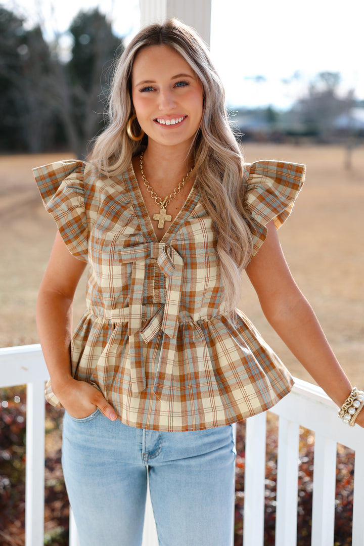 Toffee Plaid Ruffle Top