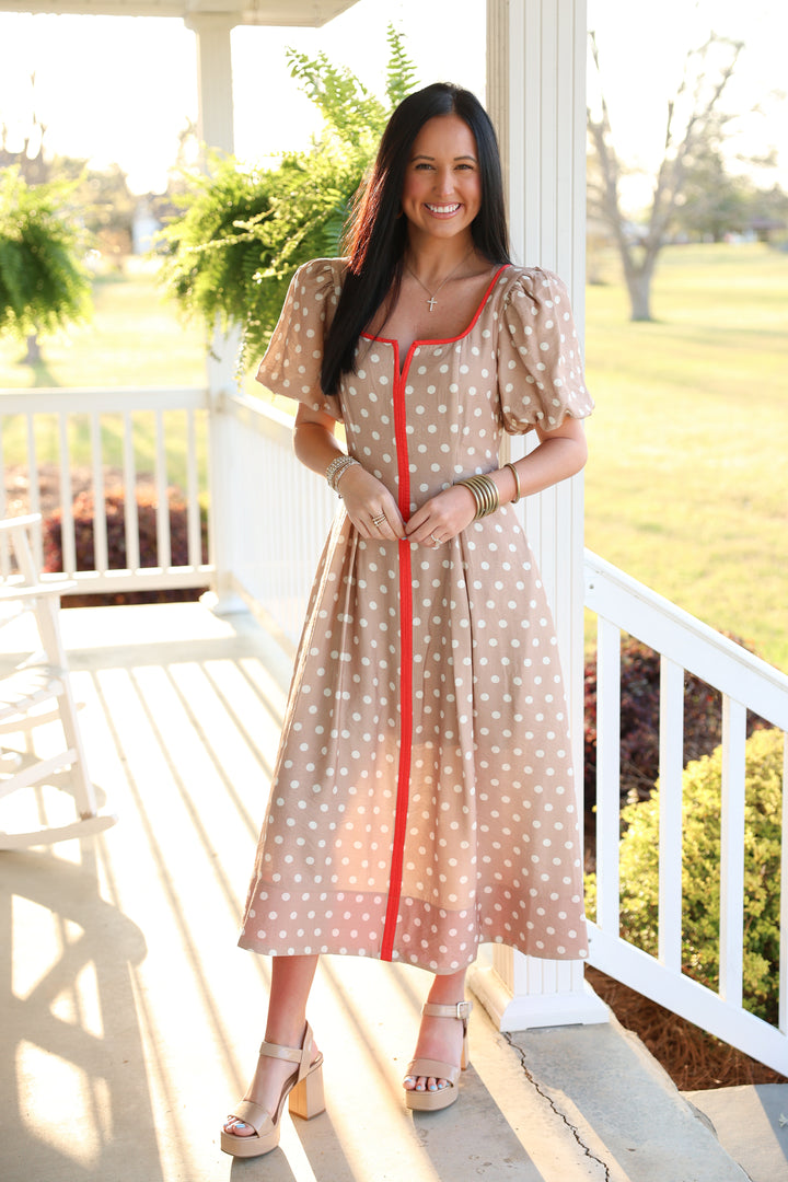 Polka Dot Short Puff Sleeve Midi Dress "Sand"