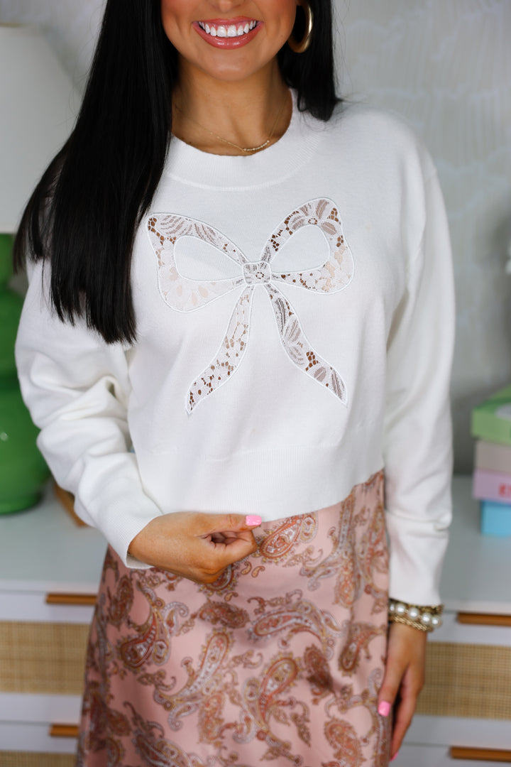 Bow Lace Laser Cut Cropped Sweater "White"