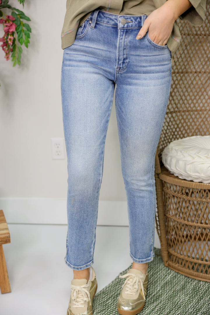 Risen - Mid Rise Crop Skinny Side Small Slit Jeans