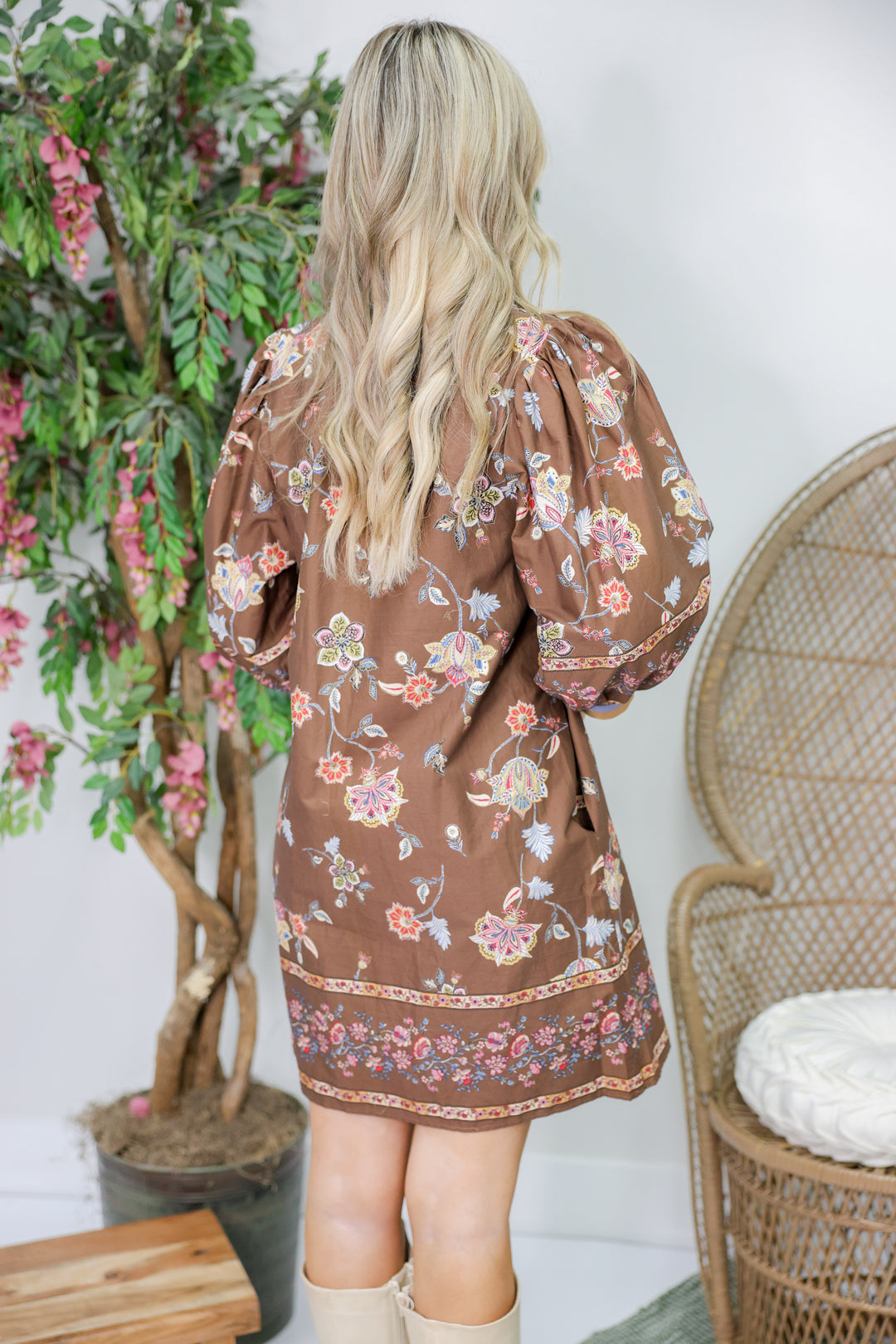 Botanical Print 3/4 Puff Sleeve Mini Dress "Brown"