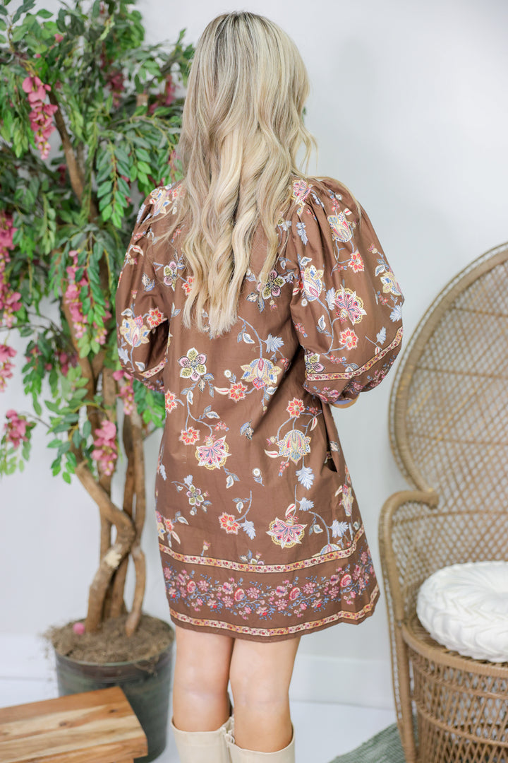 Botanical Print 3/4 Puff Sleeve Mini Dress "Brown"