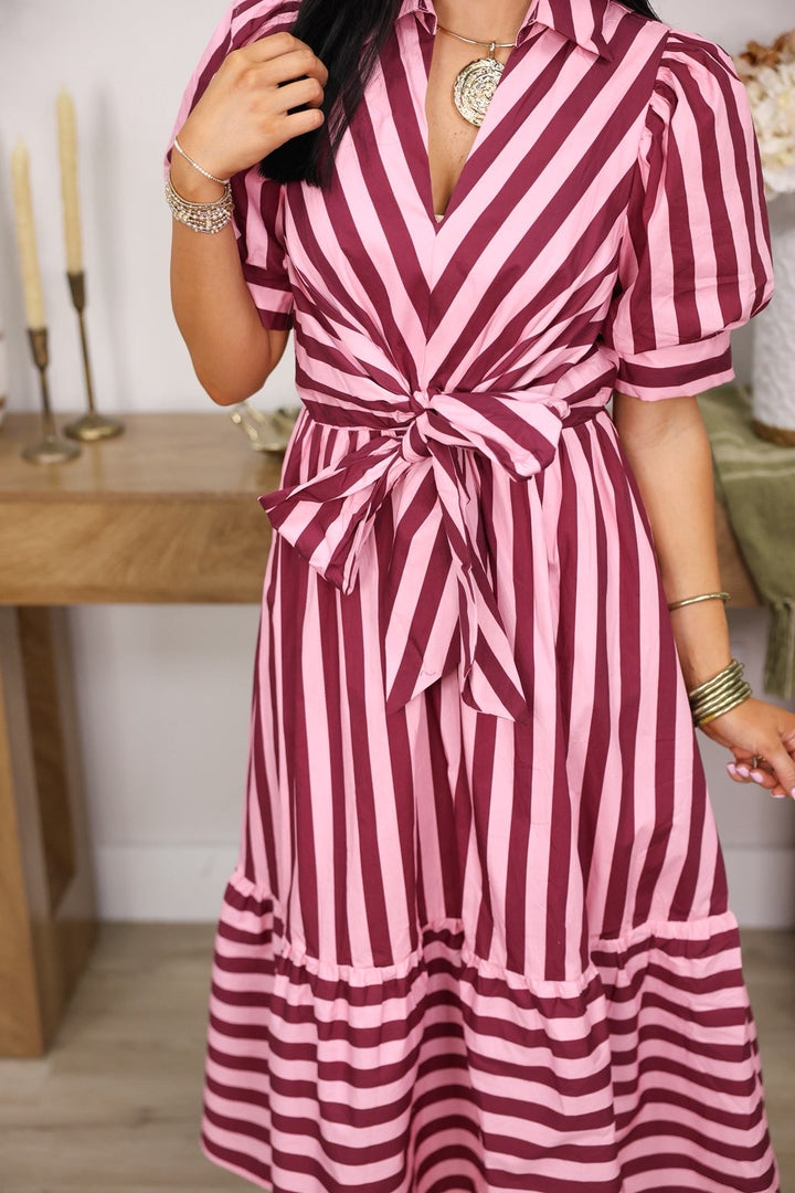 Sally Striped Collared Short Puff Sleeve Midi Dress W/ Front Tie Detail "Pink Wine"