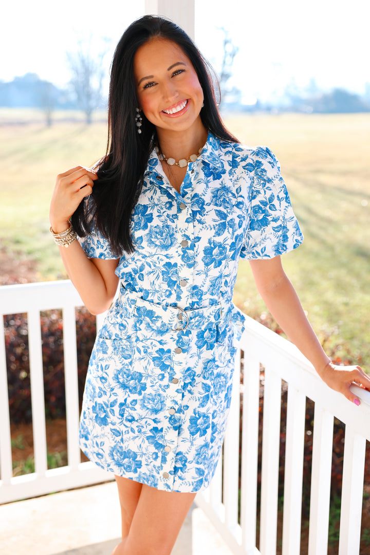 Belted Button Dress "White/Blue"