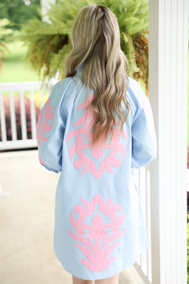 3/4 Sleeve Baroque Applique Detail Shift Dress "Powder Blue"