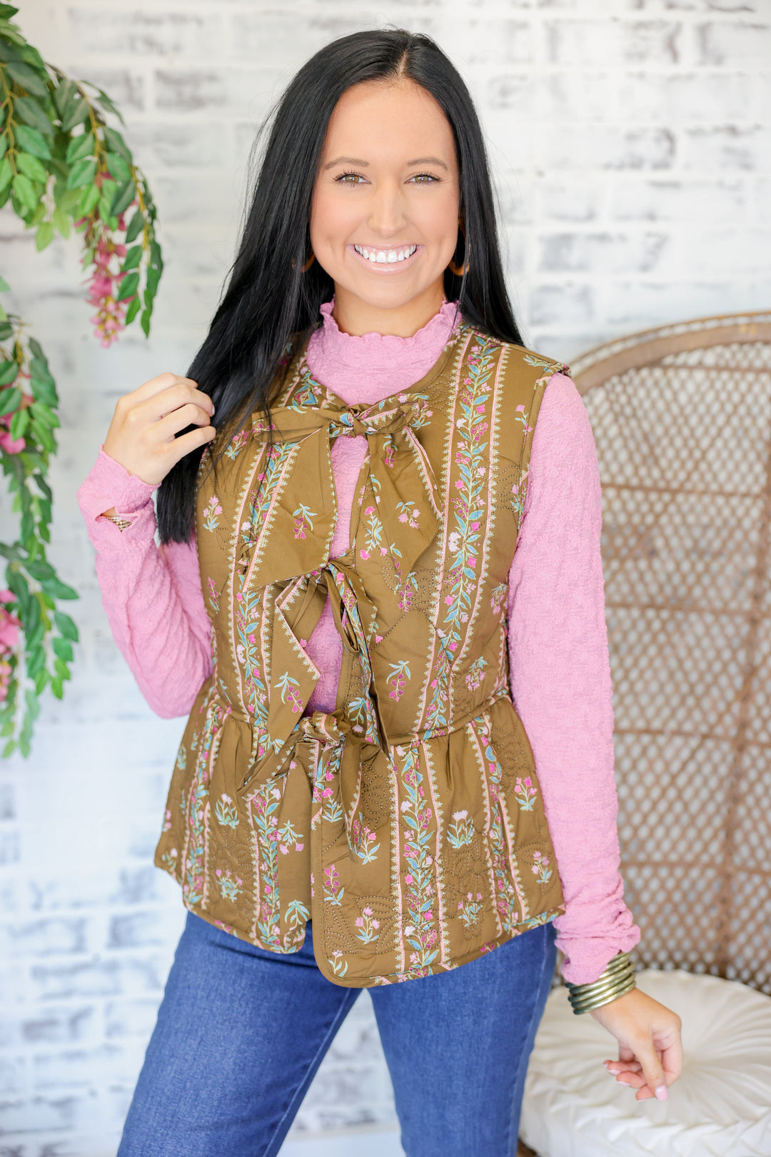 Botanical Print Sleeveless Peplum Vest "Brown"