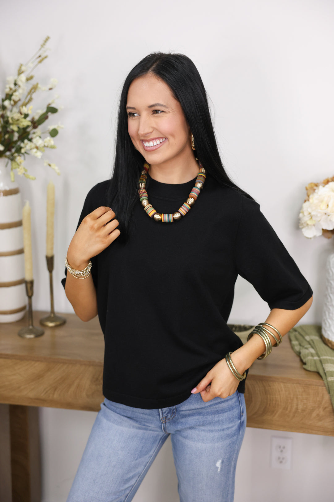 Half Sleeve Round Neck Comfy Sweater Top "Black"