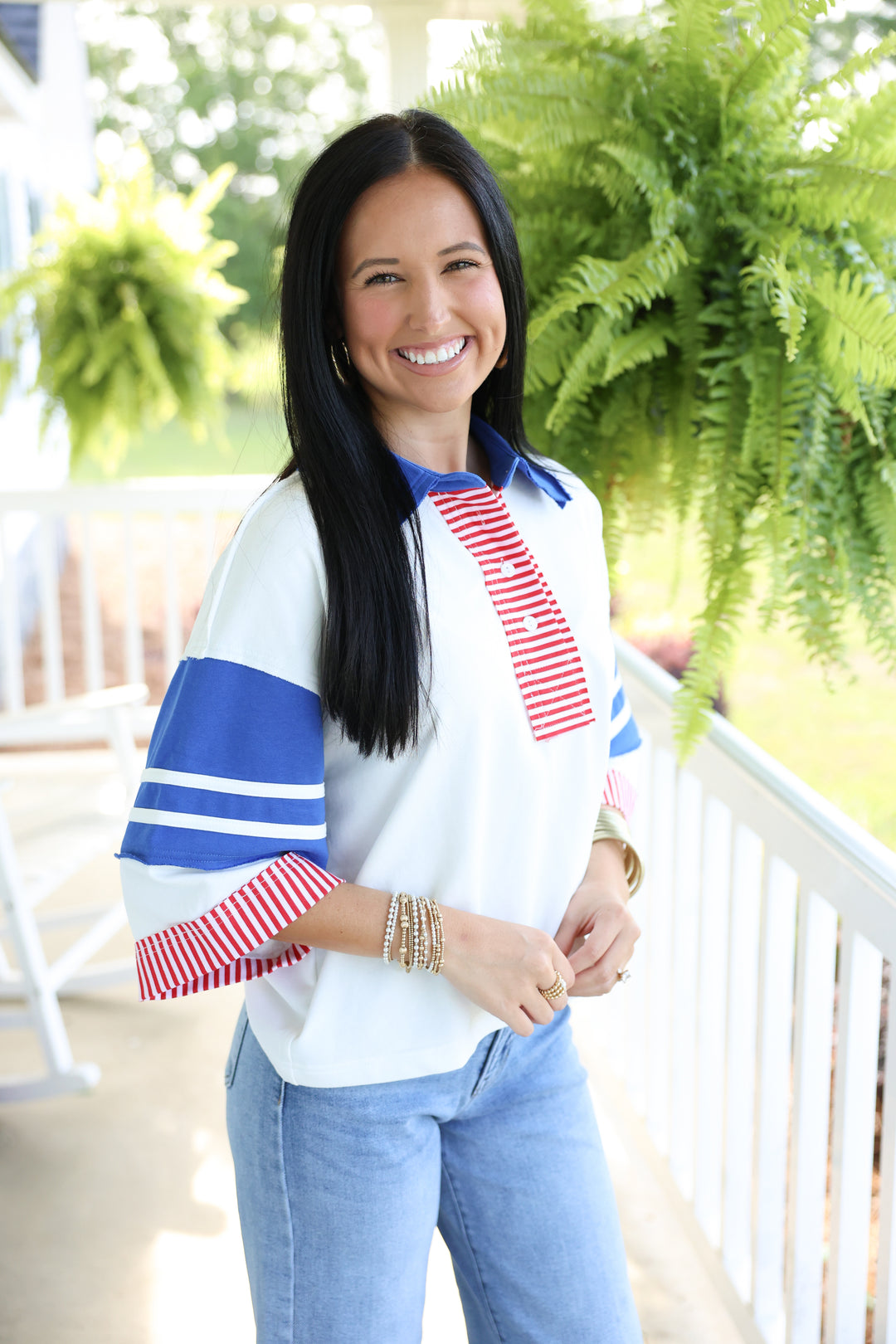 3/4 Sleeves Color Block Polo Top "Off White Mix"