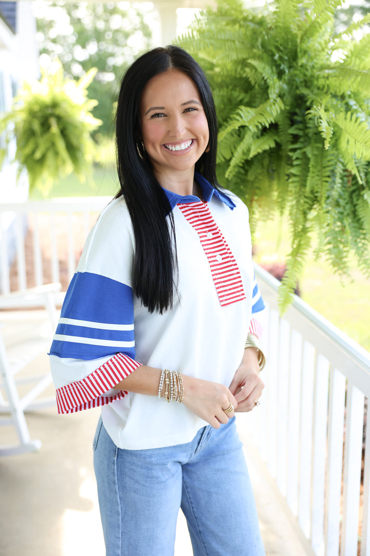 3/4 Sleeves Color Block Polo Top "Off White Mix"