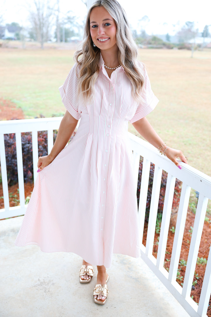 Stripe Print Pintuck Midi Dress "Pink"