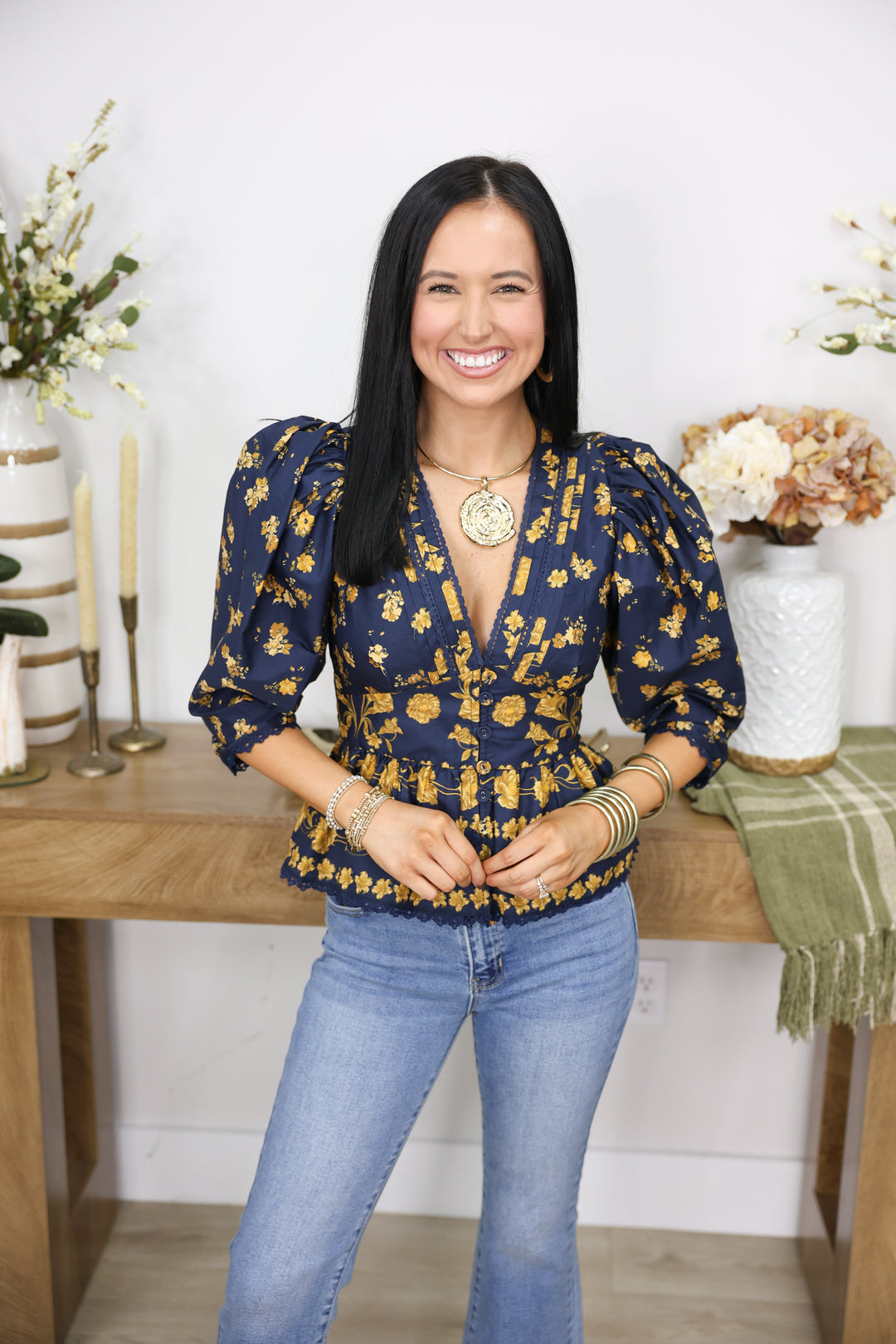 Arya Floral Puff Sleeve Blouse "Navy/Gold"