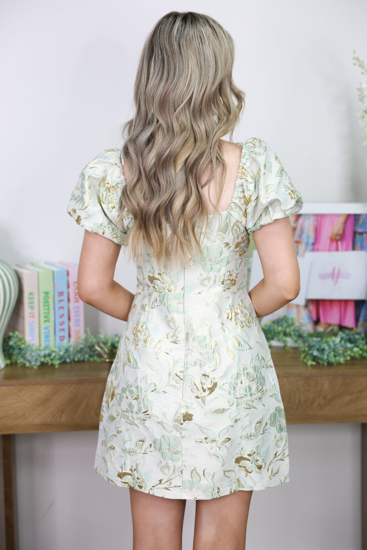 Bow Sweetheart Neckline Puff Sleeve Mini Jacquard Dress "Mint/Gold"