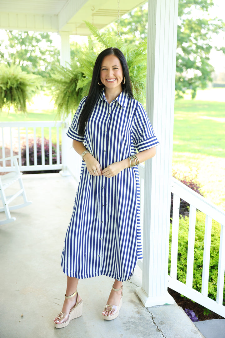 Striped Short Sleeve Midi Dress "Navy"